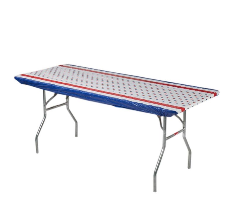 Kwik-Covers 8' Rectangle Plastic Table Covers 30" x 96", Bundle of 5 (Patriotic) - Image 1